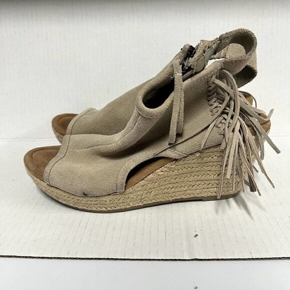 Minnetonka Blaire Fringe Suede Leather Open-Toe Wedge Espadrilles Stone Size 9 - Picture 5 of 9